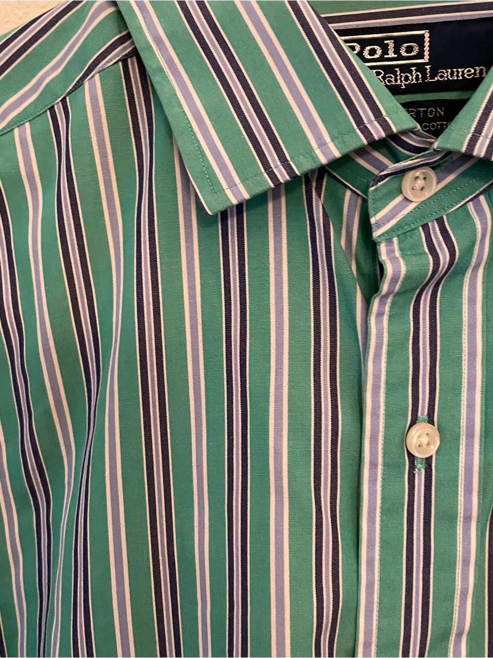 Polo Ralph Lauren Men’s XL Shirt Green/Blue Stripe Westerton 100% Cotton - Picture 3 of 4